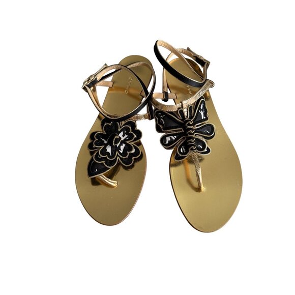 ETRO Black Gold Floral Butterfly Gladiator Sandals Size 37 / US 7 - Picture 8 of 9